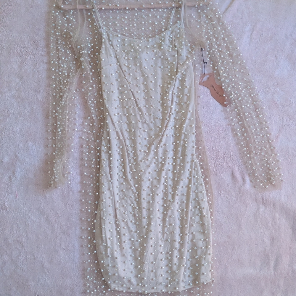 Mid-length Cream Sheer Pearl-Embellished Dress